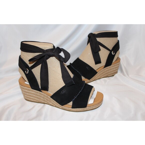 NIB UGG WOMEN'S TAIA ANKLE WRAP WEDGE SUEDE SANDALS BLACK SZ 8 NIB - Picture 3 of 6